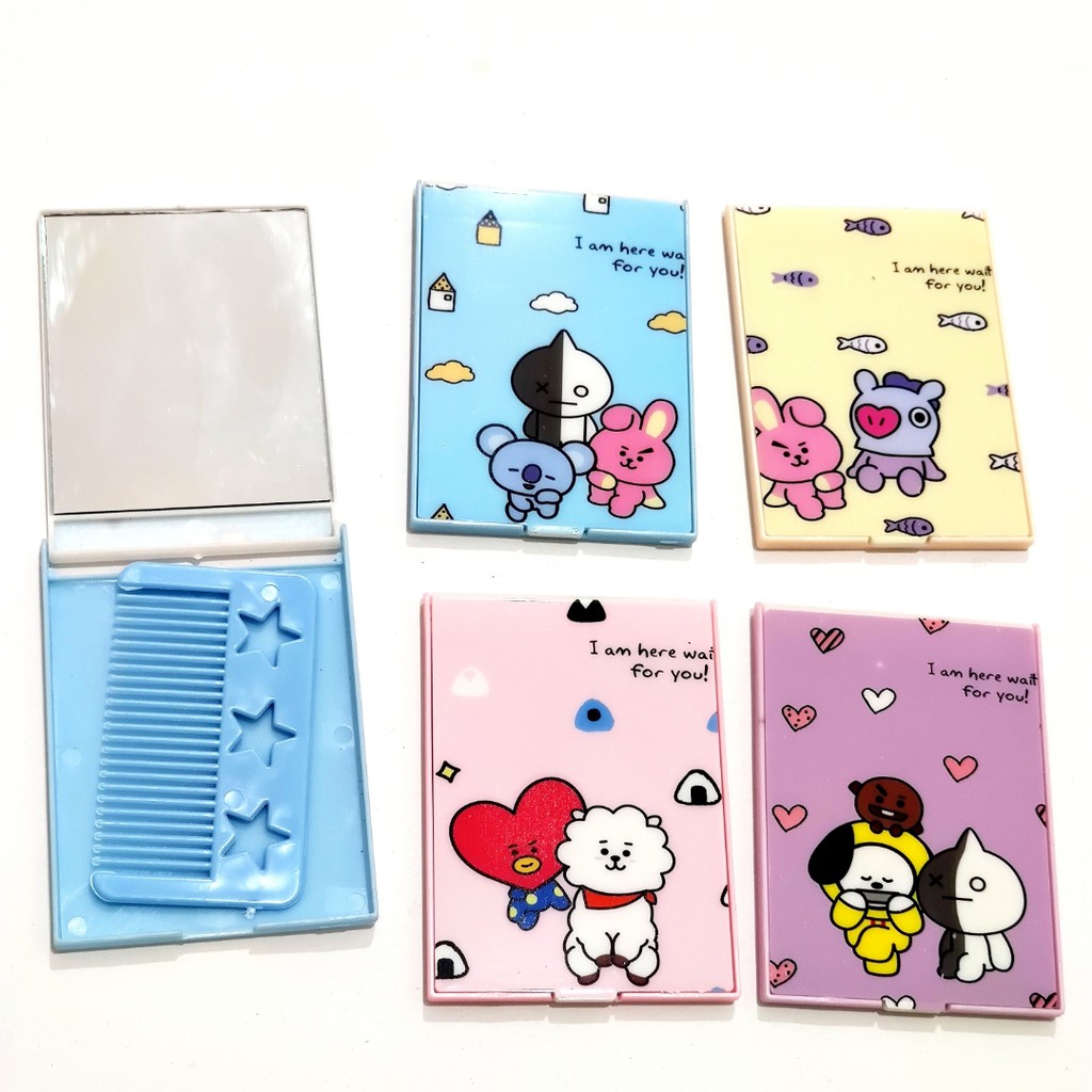1 SET SISIR KACA RIAS LIPAT BTS BT21 BENTUK KOTAK / CERMIN MAKE UP / CERMIN HIAS PORTABLE / BTS KPOP