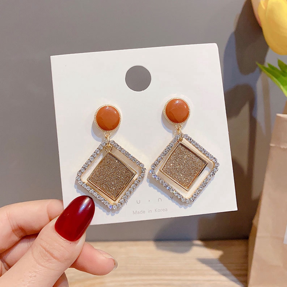 Bayar di tempat 1 Pair Alloy Geometric Frosted Bertekstur Berlian Potongan Berlian Anting-Anting Panjang Gaya-Emas emas