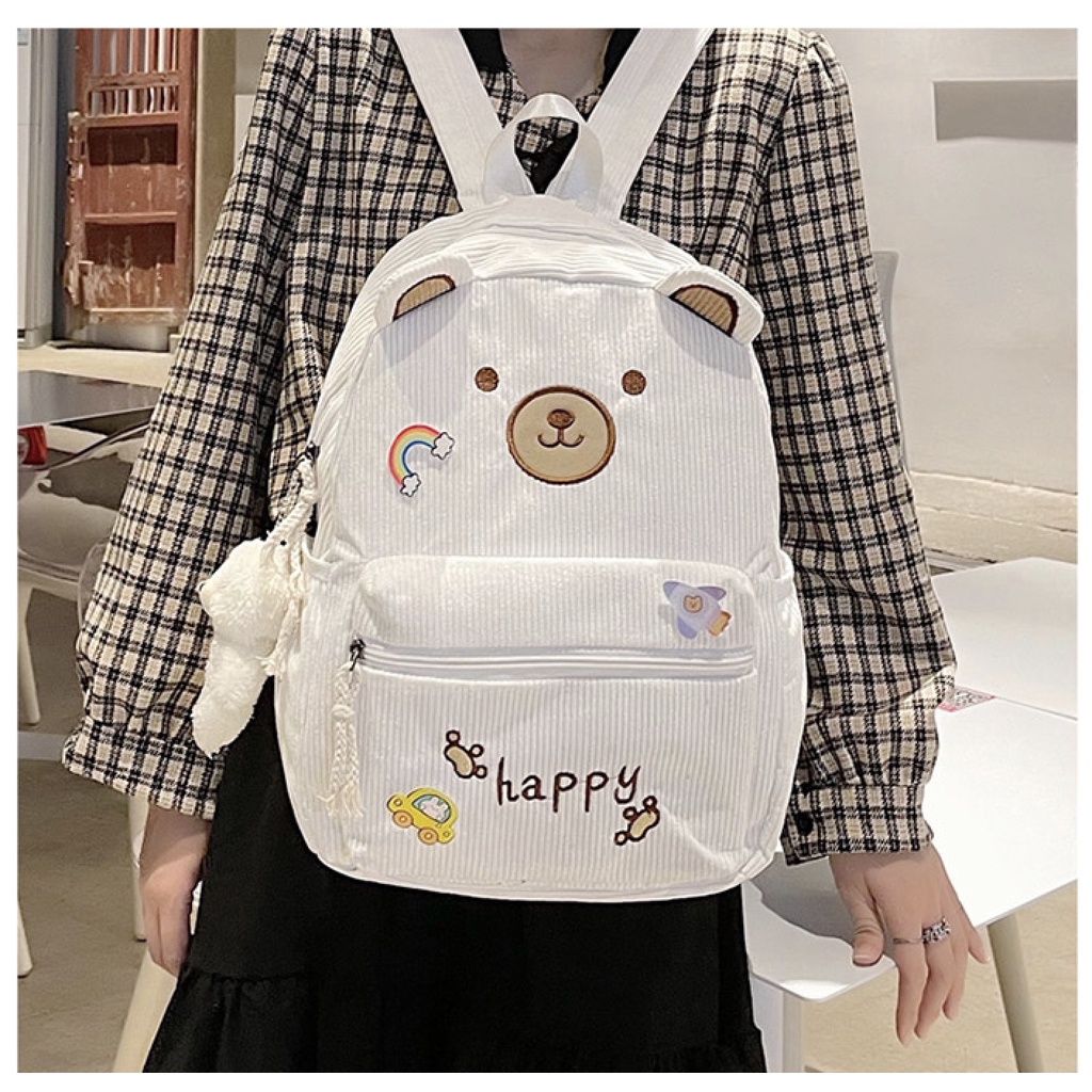 WYK104B Tas Ransel Wanita Korduroi Muka Beruang Face Bear Backpack Feather Impor TKM