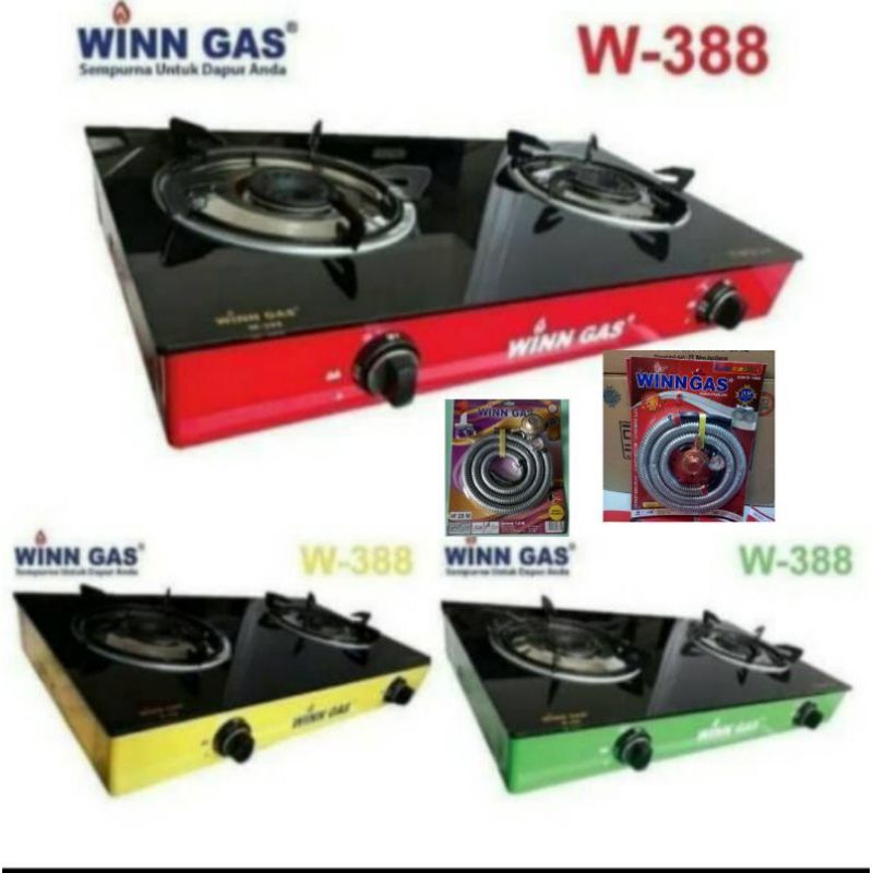 Winn Gas , 388 ,  Win Gas  , KOMPOR GAS KACA  2 TUNGKU , + Selang Regulator Paket