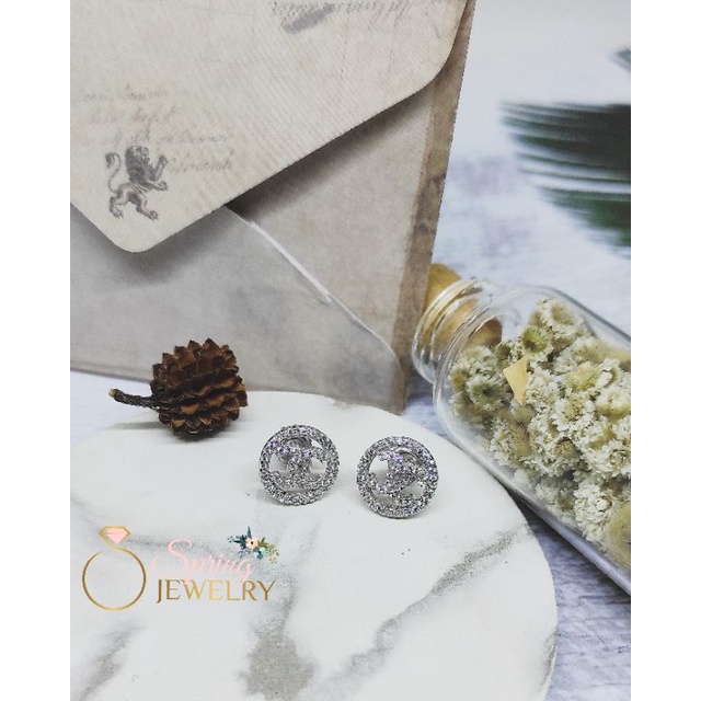 Anting Perak Wanita Giwang Bulat Chanel Full Mata Silver 925 Asli Lapis Emas Putih