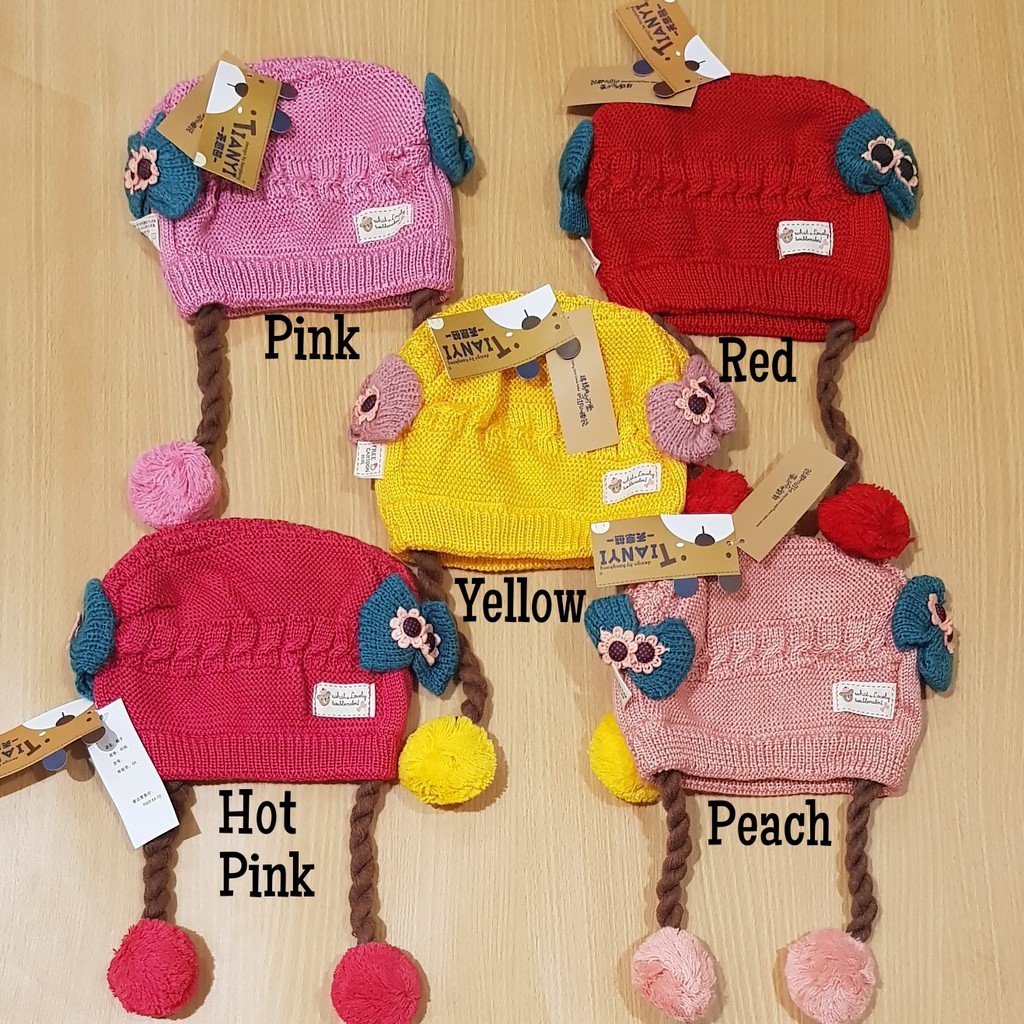 Topi kupluk bayi perempuan rajut model rambut palsu wig kepang baby girl hat import