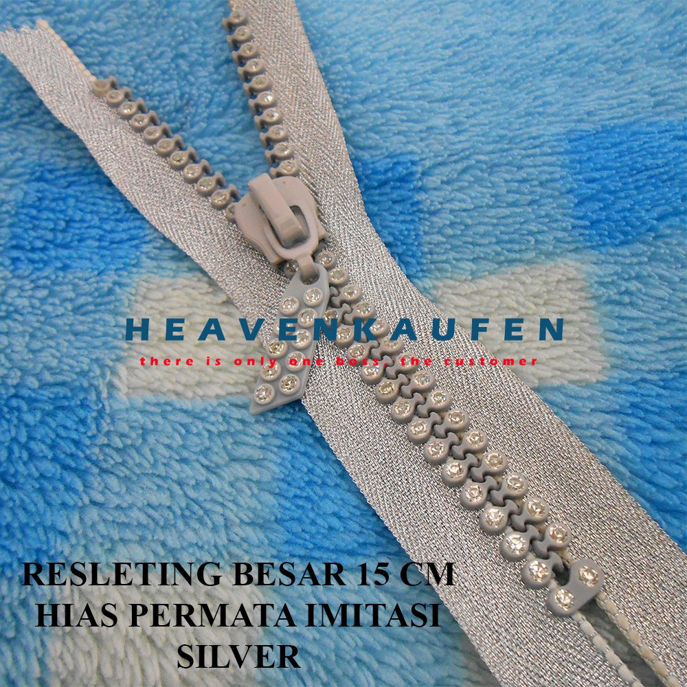 Resleting Zipper 15 cm Silver Hias Permata Imitasi