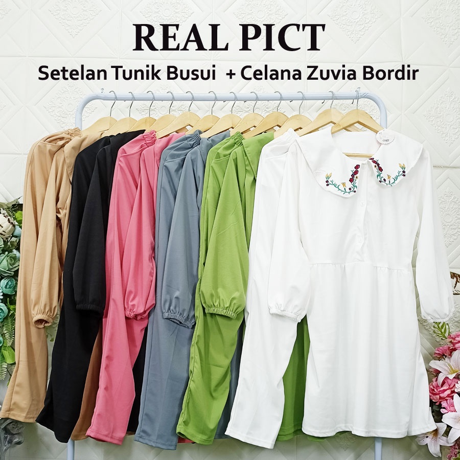 SETELAN TUNIK BUSUI + CELANA ZUVIA BORDIR KERAH GL FASHION