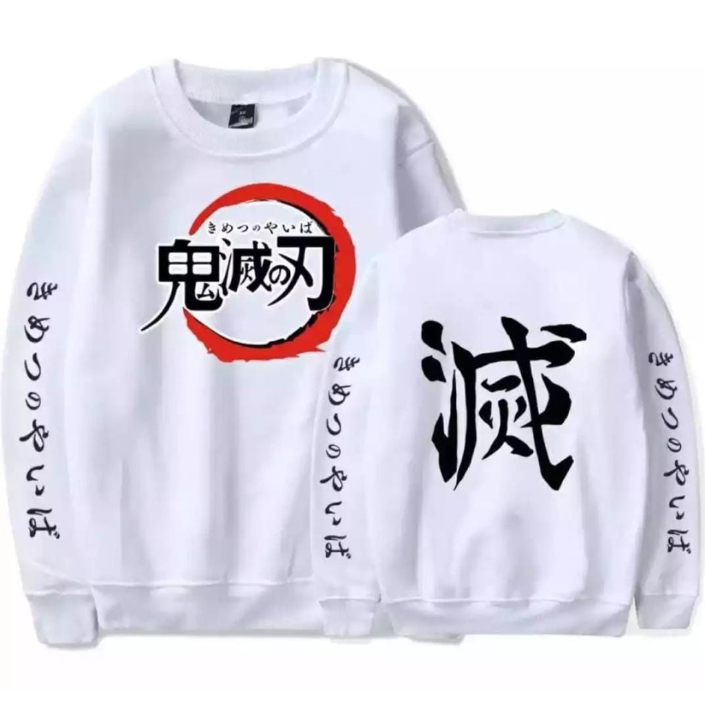 Sweater crewneck anime kimetsu no yaiba warna hitam &amp; putih unisex pria