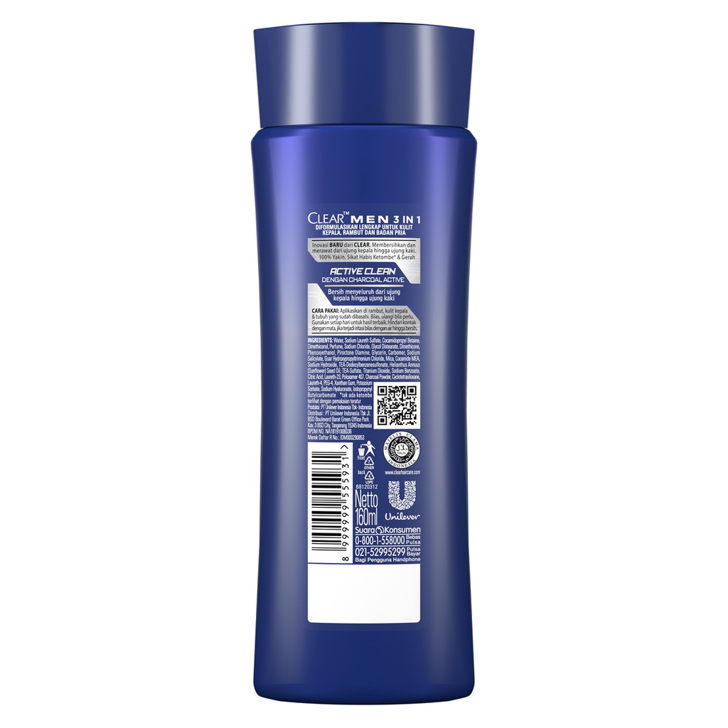 CLEAR Men Shampoo Anti Ketombe 3 in 1 Clean Active Sampo Tonik Sabun 48 Jam Perlindungan Aktif 160mL