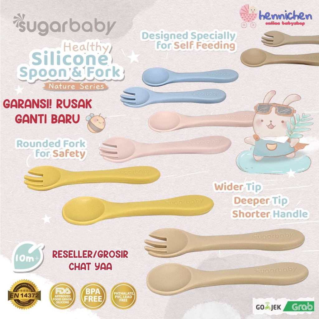 Sugar baby Perlengkapan MPASI Bayi Healthy Silicone Bowl Spoon &amp; Fork Silicone Bib Silicone Plate (Nature Series)