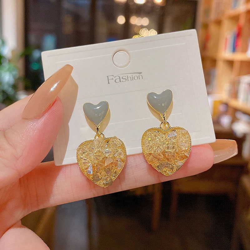 Anting 925 silver needle Bentuk Hati Aksen Kristal Warna Gradasi Untuk Wanita