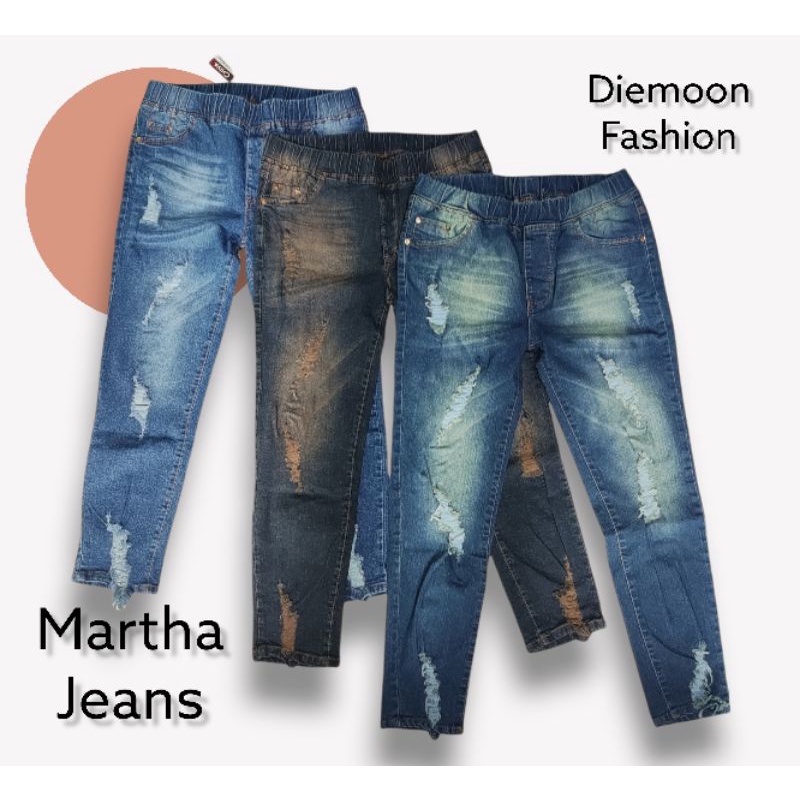 Martha jeans melar pinggang full karet. ripped jeans [Rsl]