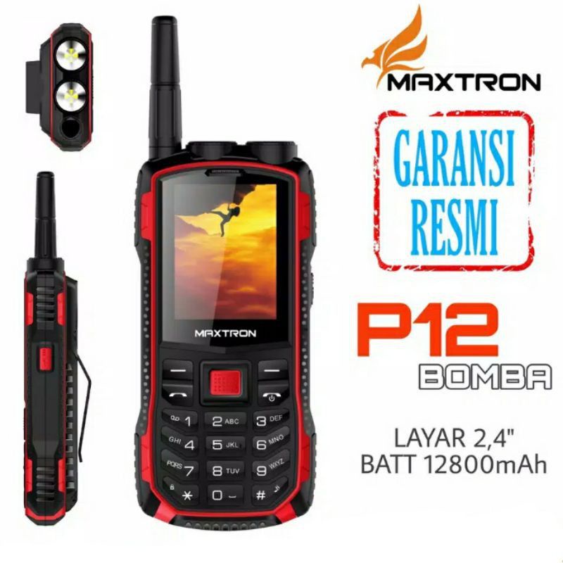 MAXTRON P12 BOMBA - HP OUTDOOR - DUAL SENTER - BISA POWERBANK - DUAL SIM - ORIGINAL - GARANSI RESMI
