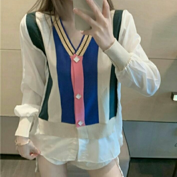 39003 Baju atasan outer cardigan rajut knit kombinasi katun wanita import baju atasan auter kardigan