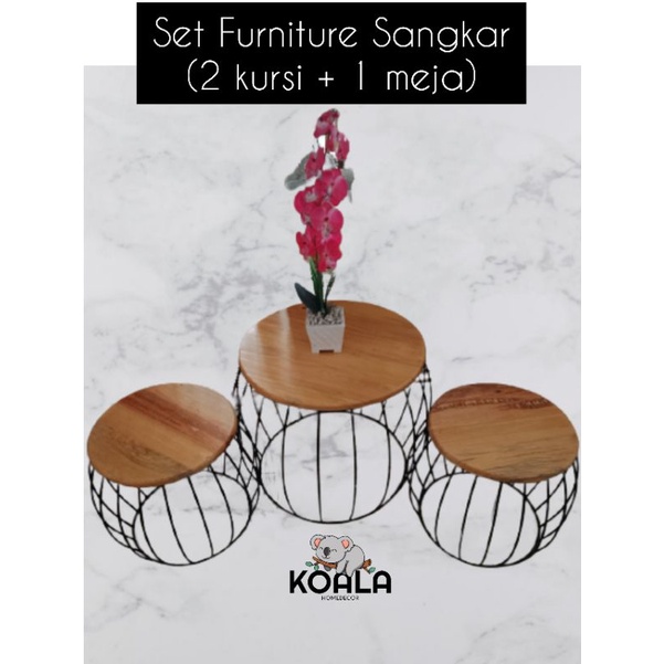 Set Furniture Meja Kursi Sangkar Kayu Jati Bulat Rangka Besi 1 Meja + 2 Kursi / Set Meja Minimalis U