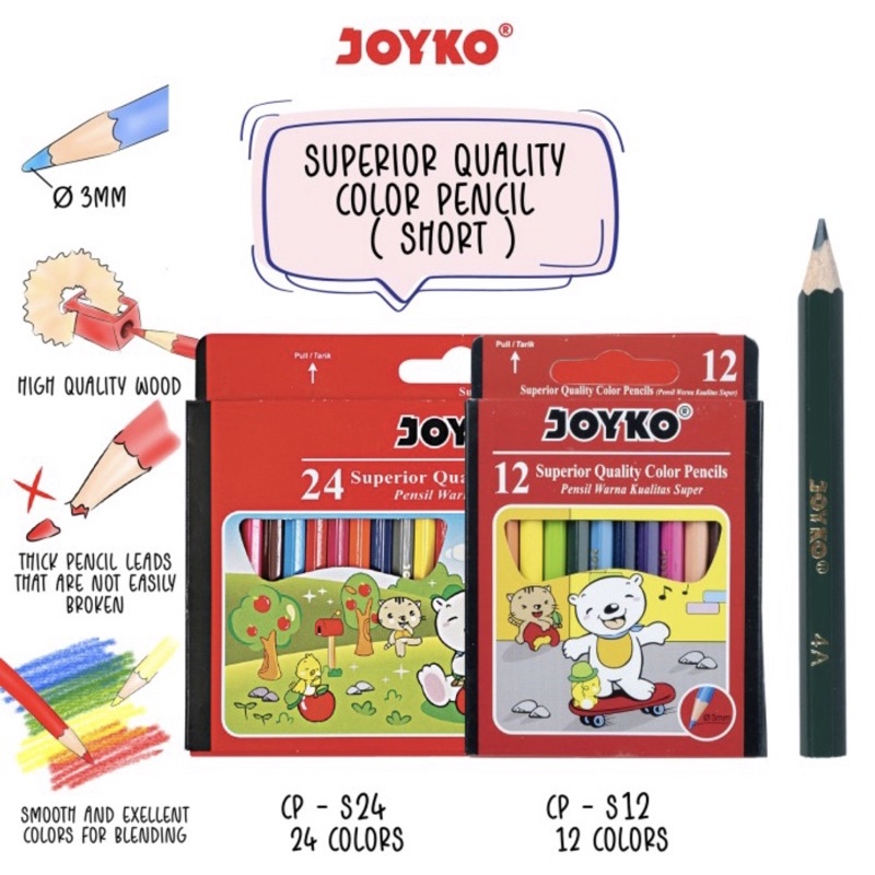 JOYKO - PENSIL WARNA 12 WARNA PANJANG PENDEK WARNA NEON - COLORING PENCILS 12 COLORS / ERASEABLE / BISA DIHAPUS