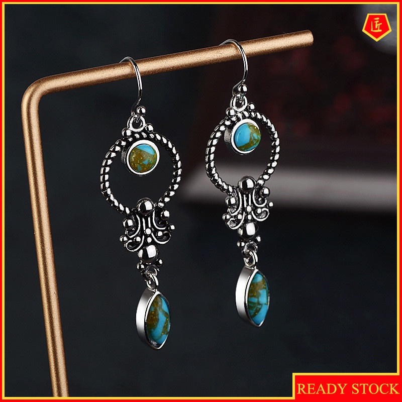 [Ready Stock]Women's Retro Silver Inlaid Turquoise Eardrops Earrings