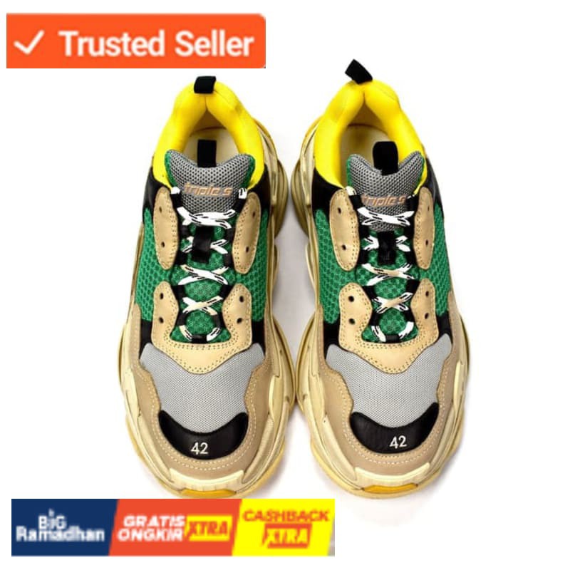 SNEAKERS COWOK HITAM BIRU MISTY  Balenciaga Triple S Khaki/Green/Yellow
