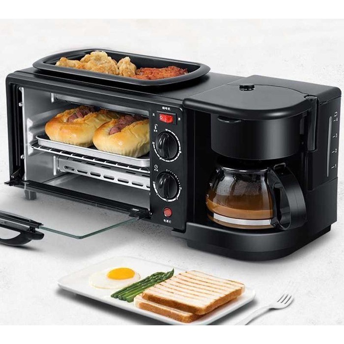 Oven Listrik 3in1 Mesin Kopi Grill Pan Breakfast Machine Toaster