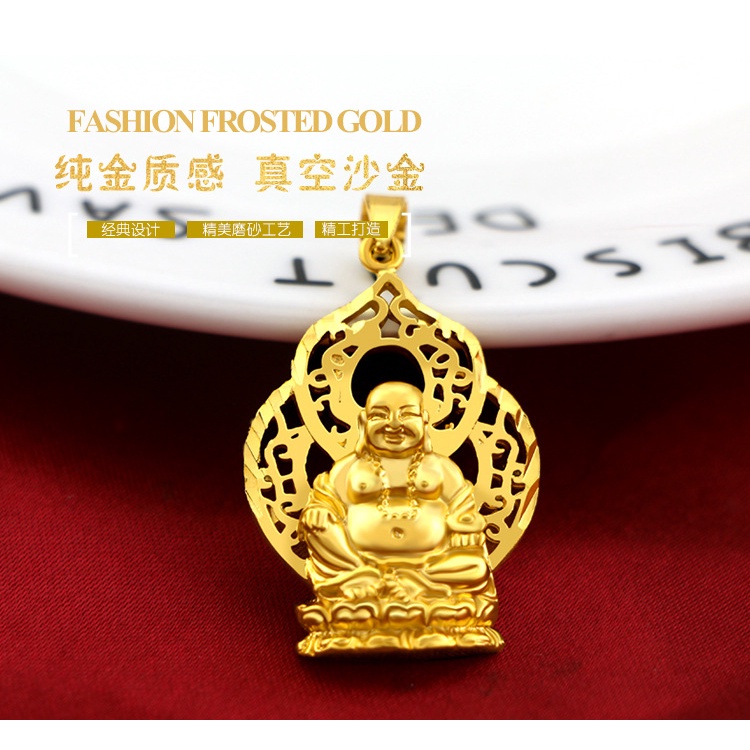 Kalung Emas Asli Kadar 375 Dengan Liontin Maitreya Buddha Bahan Velvet Gaya Bangkok