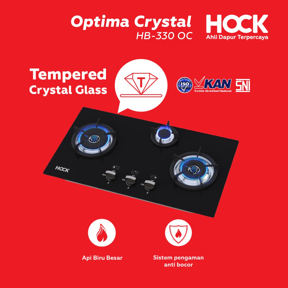 Kompor Gas Tanam Built-in-Hob 3 Tungku Hock Optima Crystal HB-330OC