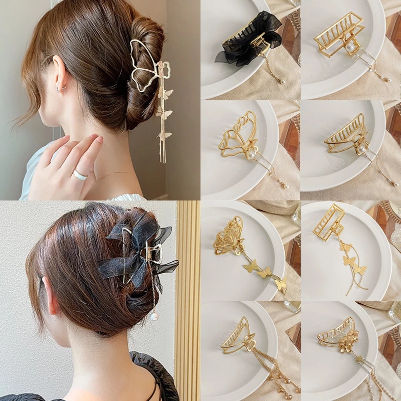 AY(CN) Simple Fashion Metal Tassel Hair Clip Butterfly Pearl Gold Chain Hair Clip Headdress Hair Accessories