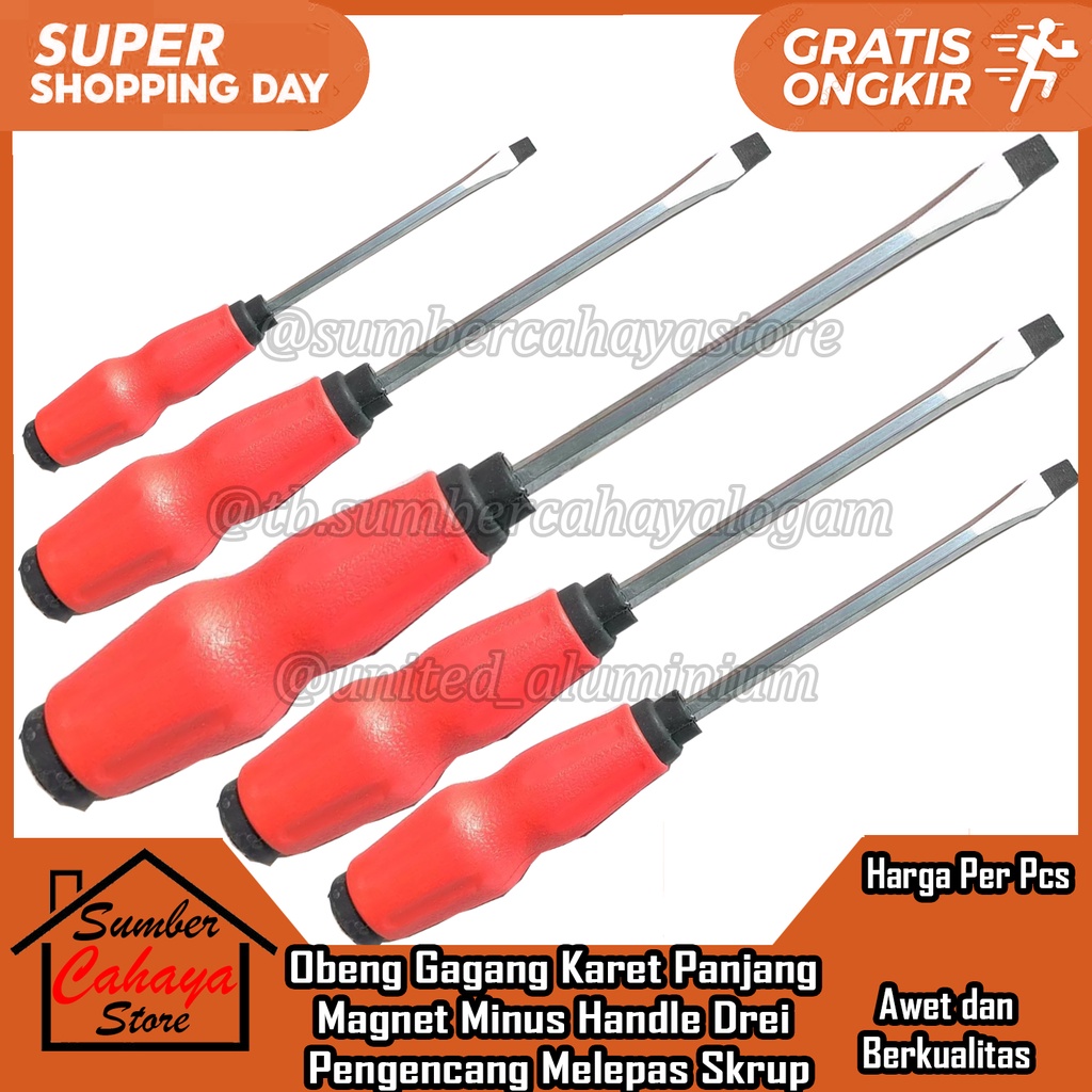 Obeng Gagang Karet Panjang Magnet Minus - Ketok Cushion Grip Kusien Gerip Rubber Handle Drei Stainle
