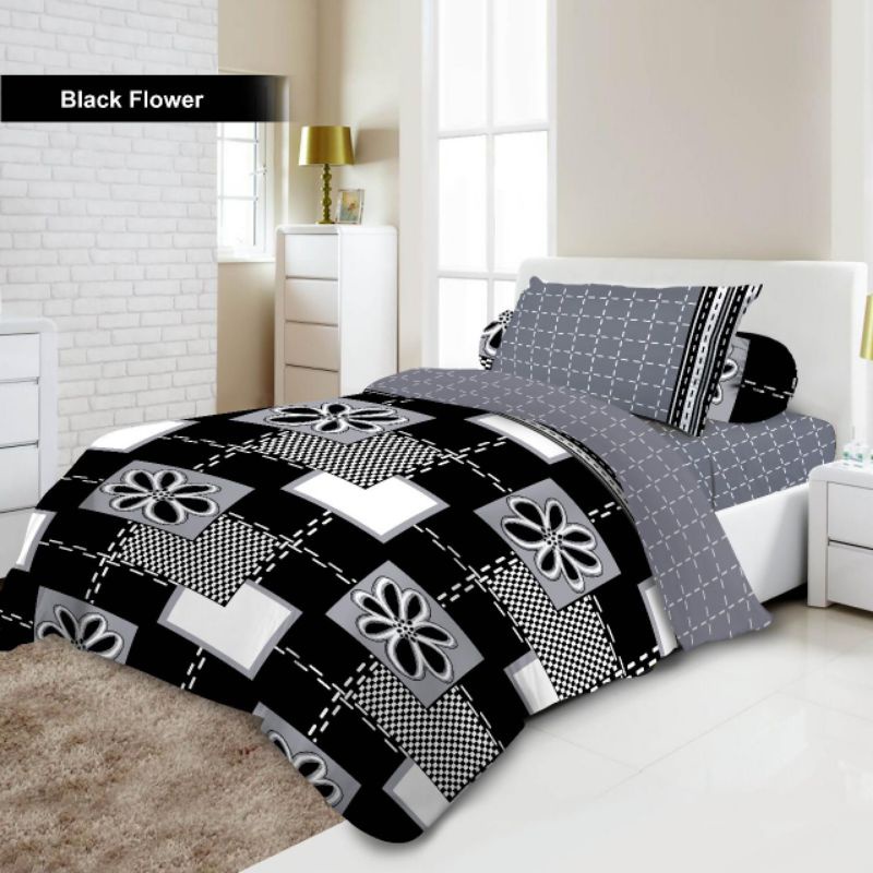 VITO - BEDCOVER SET SINGLE 120X200X20 MOTIF BLACK FLOWER HITAM PUTIH BUNGA KOTAK GARIS MINIMALIS BUN