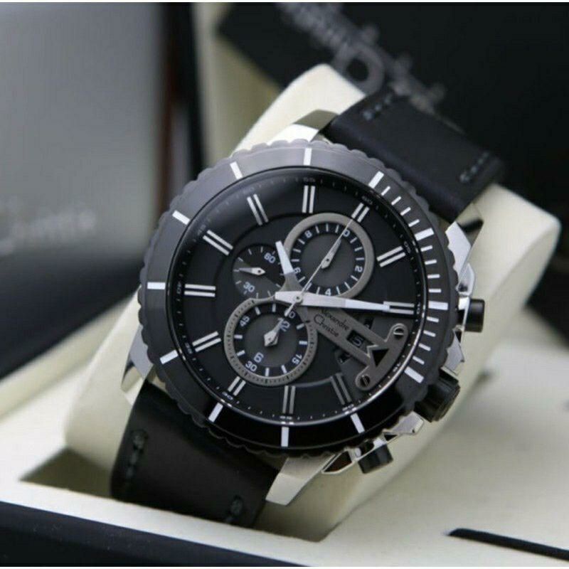 jam tangan alexandre christie pria tali kulit chrono AC 6527