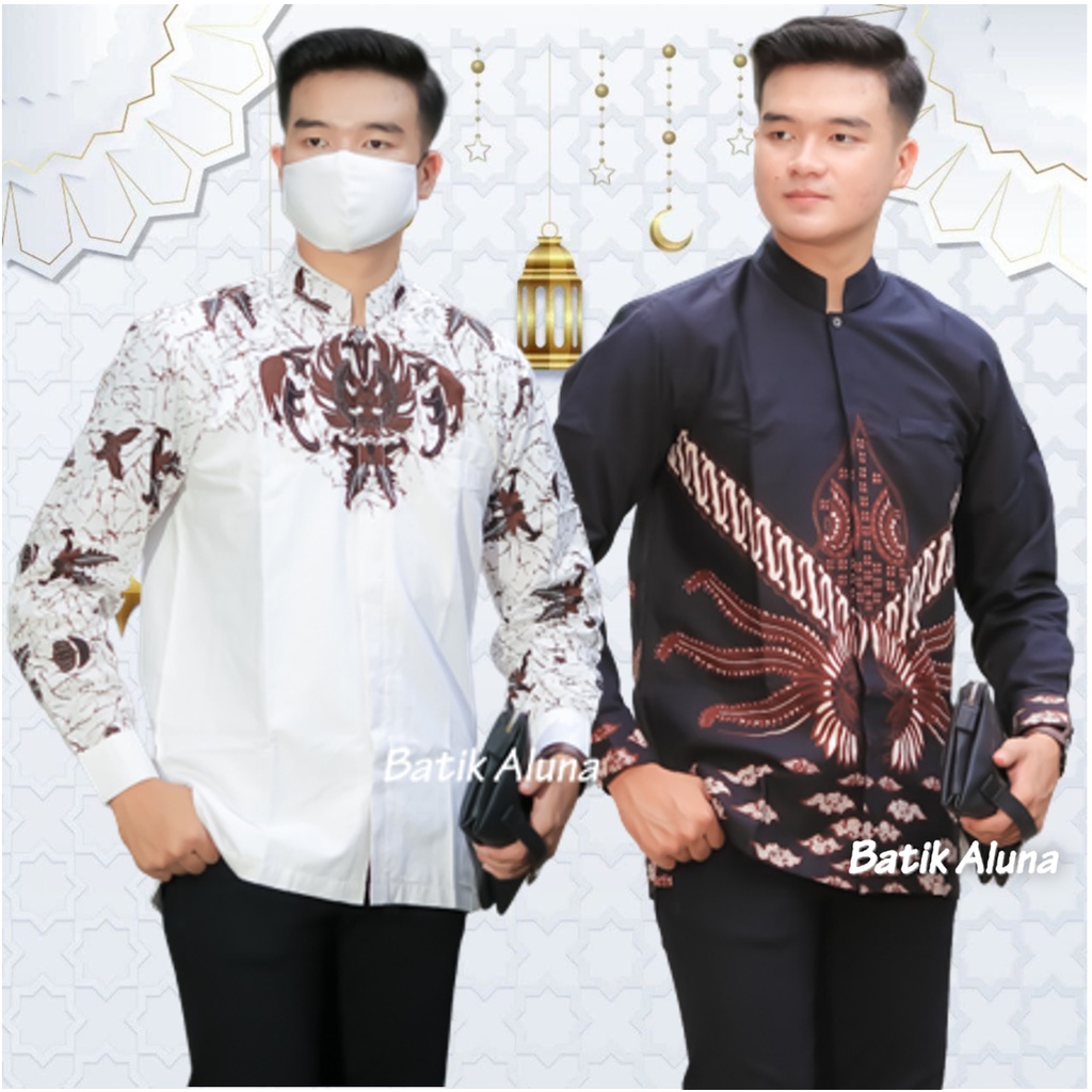 Baju Koko Pria Lengan Panjang Premium Baju Muslim Kombinasi Batik Pria Dewasa Lengan Panjang Kemeja Koko Pria Lengan Panjang Modern Warna Putih Dan Hitam FASHION MUSLIM BATIK ALUNA