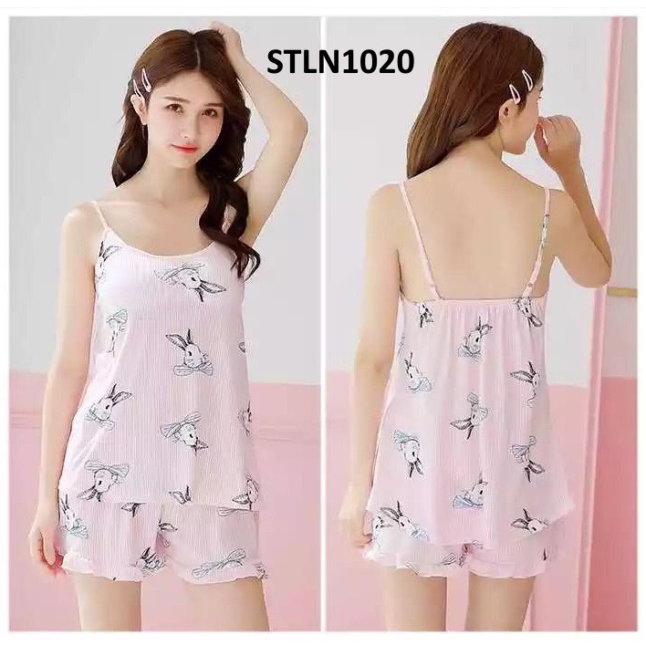 STLN1020 Baju  Tidur Wanita  Tanktop Rabit Salur Pink 