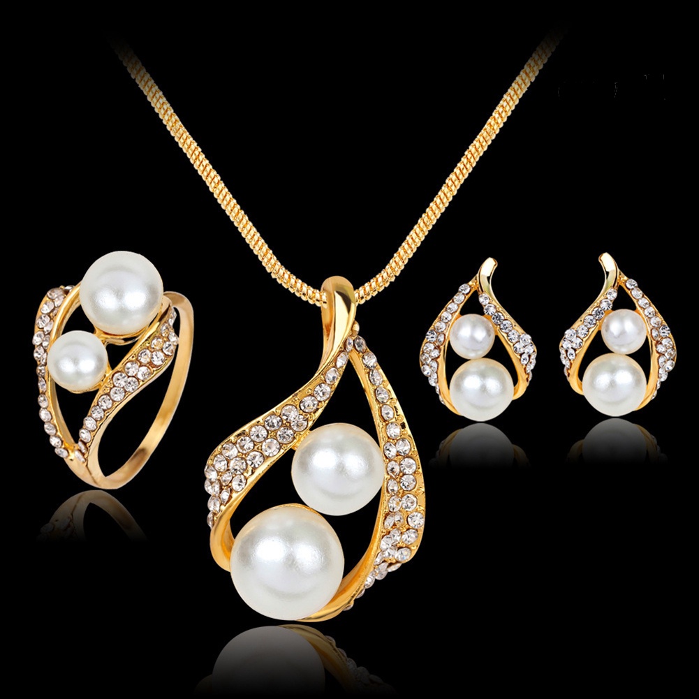 OW@ Wedding Bridal Imitation Pearl Rhinestone Hollow Stud Earrings Ring Necklace Set