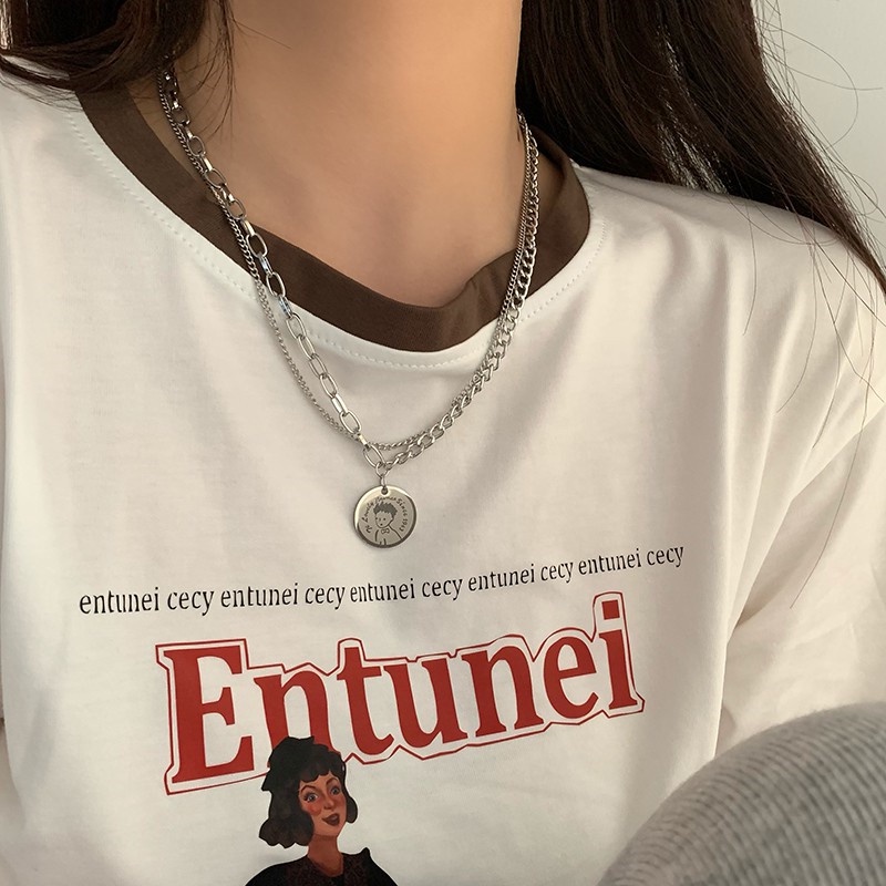 Zomi Kalung Rantai Dua Lapis Bahan Titanium Steel Gaya Hip Hop Untuk Wanita