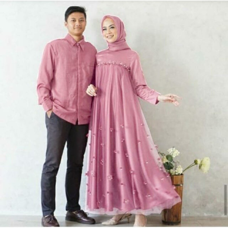 COUPLE KAMISATO/ MAXI CEWE MOSCREPE KOMBI TILE MIX BUNGA MUTIARA/ PASANGAN GAMIS DAN KEMEJA/ GAMIS C