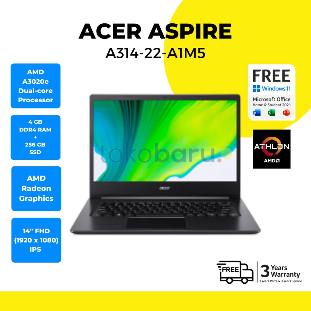 Acer Aspire A314-22-A1M5/A667 AMD A3020e 4GB 256GB SSD Win11+OHS 2021 Garansi Resmi