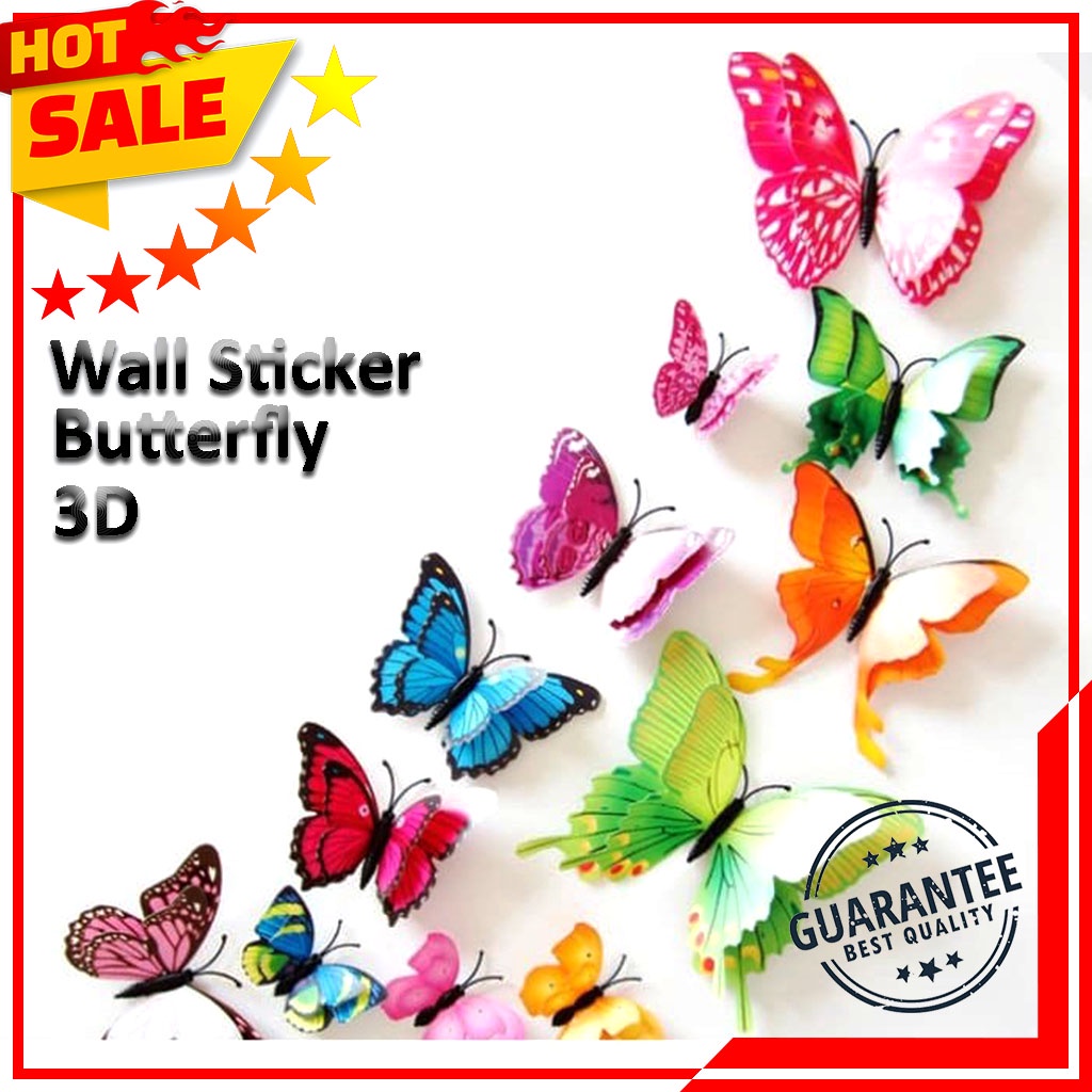 Hiasan Wallpaper Dinding Kupu Kupu 3D Butterfly Wall Sticker PVC Kupu2 Stiker Hiasan Dinding 3D Isi 12 Pcs