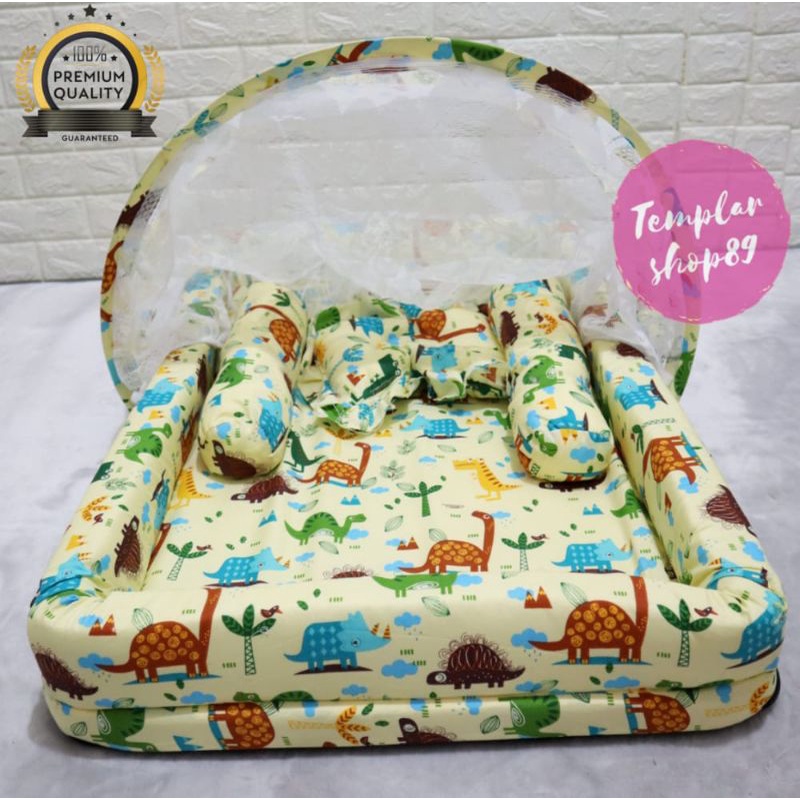 New Normal Kasur Kelambu Bayi Set Bantal Guling PREMIUM / Kasur Lipat Kelambu Bayi / Kasur Kelambu-dino cream kolam