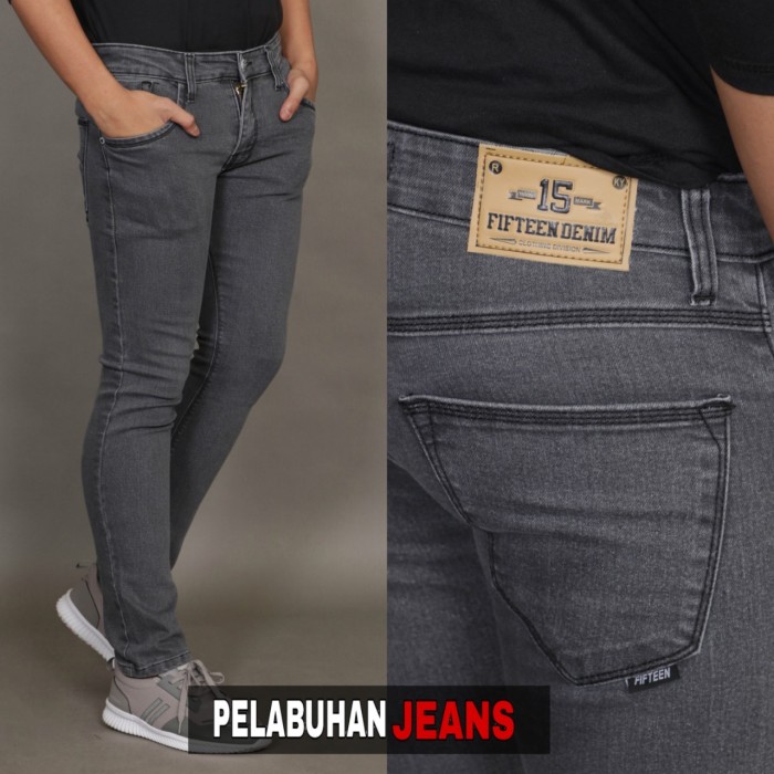 Celana Jeans Pria Slim Fit Abu Polos Original FIFTEEN DENIM - Abu-abu, S