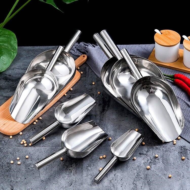 Sekop Es Batu Serokan Biji Kopi Tepung Stainless Steel Sendok Skop Beras Gula Biji Bijian Spatula Ice Cube