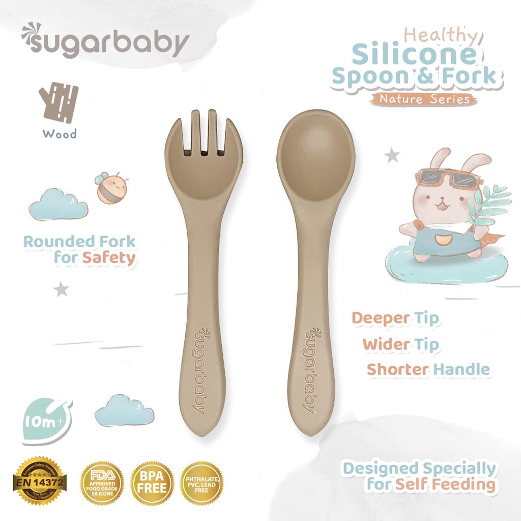 SUGAR BABY HEALTHY SILICONE SPOON &amp; FORK / SENDOK GARPU BAYI SILICONE