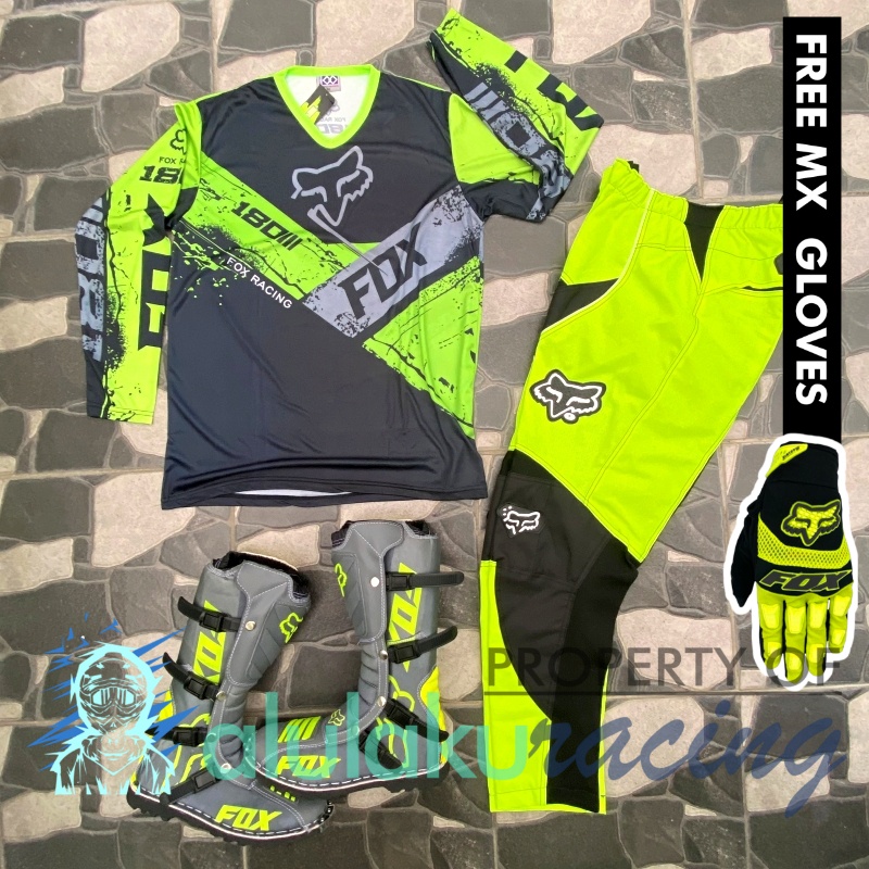Jersey, Celana, Sarung Tangan &amp; Sepatu Fullprint with Protectors Fullset MX Trail Motocross - Paket Bundling FOCTFG160409-F44