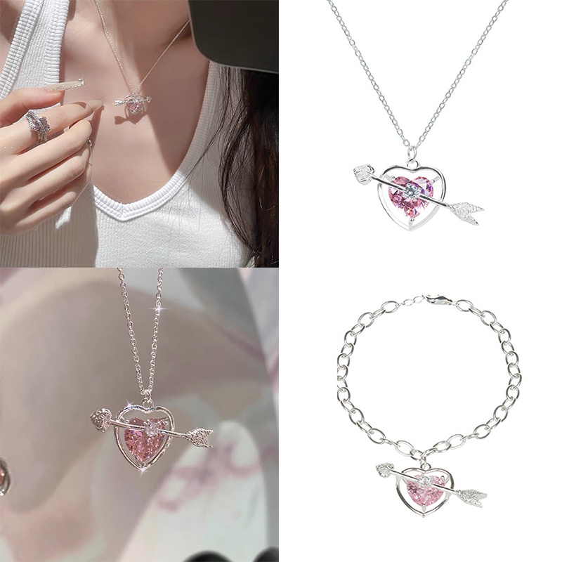 1 Pc Kalung Rantai Choker Liontin Hati Panah Menembus Berlian Pink Untuk Wanita