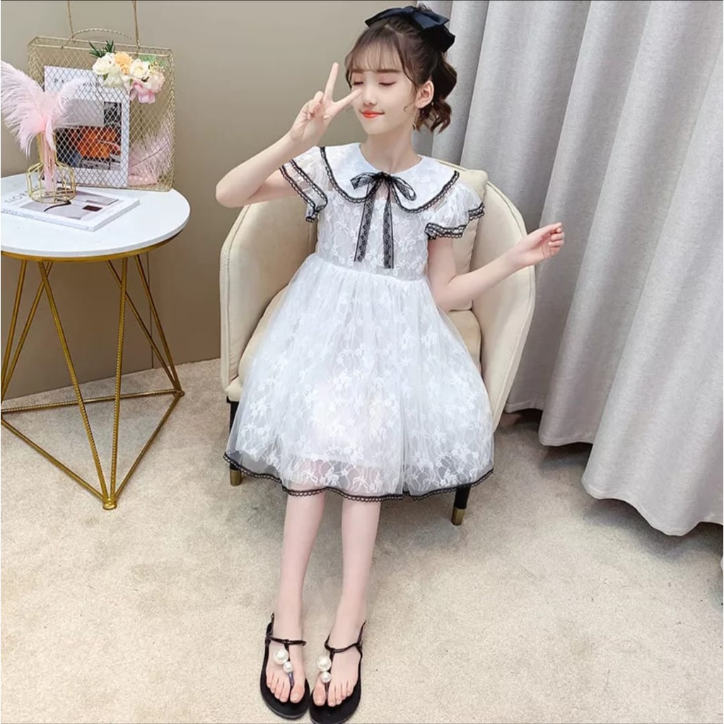 KIDS DRESS VICTORIA WHITE /UMUR 6-10 TH / TERBARU/ 3 LAPIS PURING/U /IMPOR/KOREA