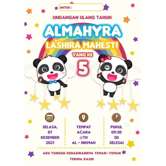Birthday Invitation / Undangan Ulang Tahun Babybus Panda include plastik