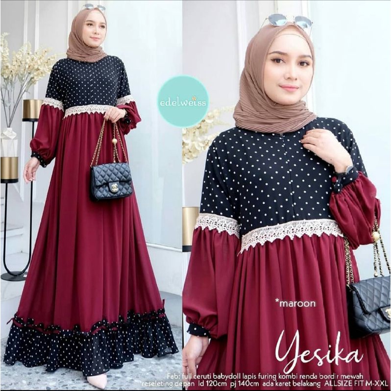 Dress Yesika Maxi Gamis Full Ceruti Babydol Lapis Furing Kombi Renda Bordir Mewah Adem Nyaman Dipakai