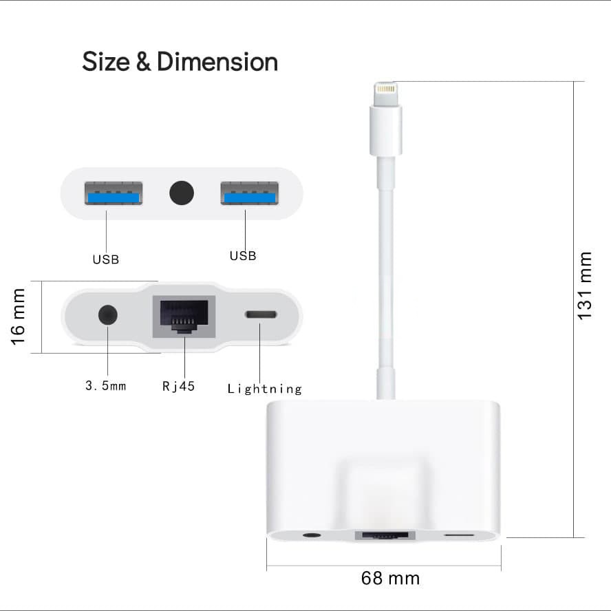 OTG Lightning to Ethernet RJ45 LAN 3.5mm Audio USB 5in1 Adapter Konverter