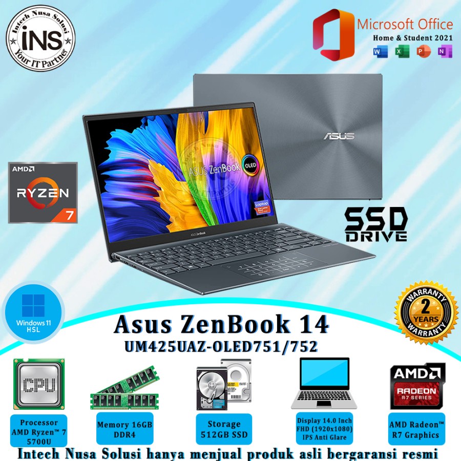 ASUS Zenbook UM425UAZ-OLED751-752 Ryzen 7 5700U 16GB 512GB SSD WIN11HSL OHS 21 2YR