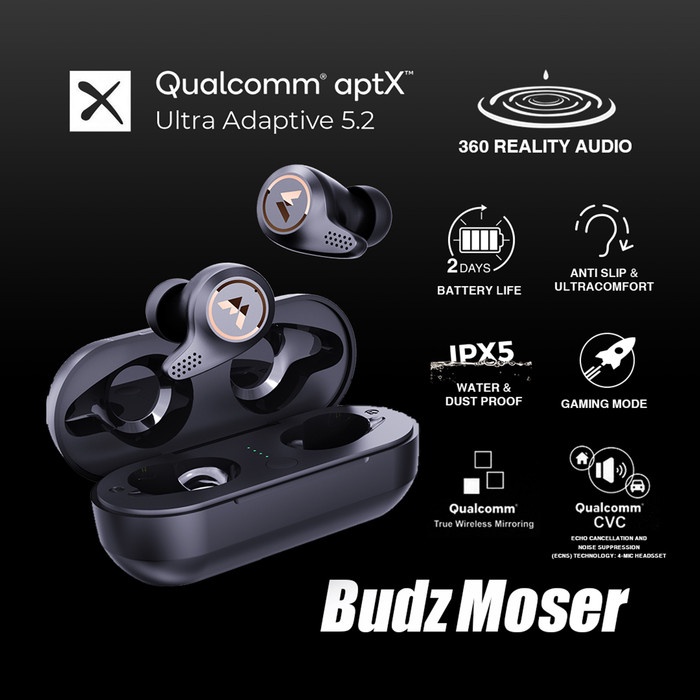 Budz Moser Earphone Bluetooth Headset Tws Aptx Gaming Wireless Bass - Reguler
