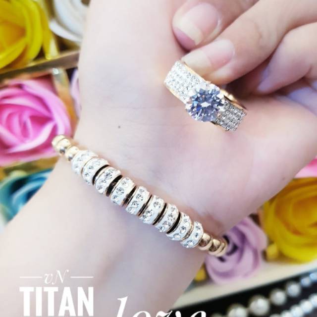 PROMO TERMURAH Set Perhiasan TITANIUM Anti Karat Cincin Berlian Gelang Cantik Modis Xuping Gold