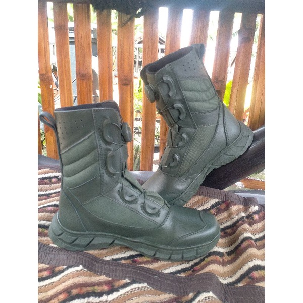 SEPATU PDL TALI PUTAR GREY/HIJAU FULL KULIT TNI POLRI