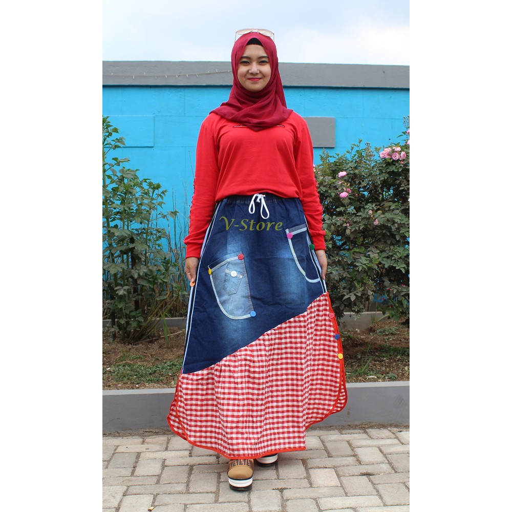 Rok Jeans Junnov Rok Wanita Muslimah Termodis Bahan Rok Jeans Meral dan Tebal Variasi Kotak Hitam