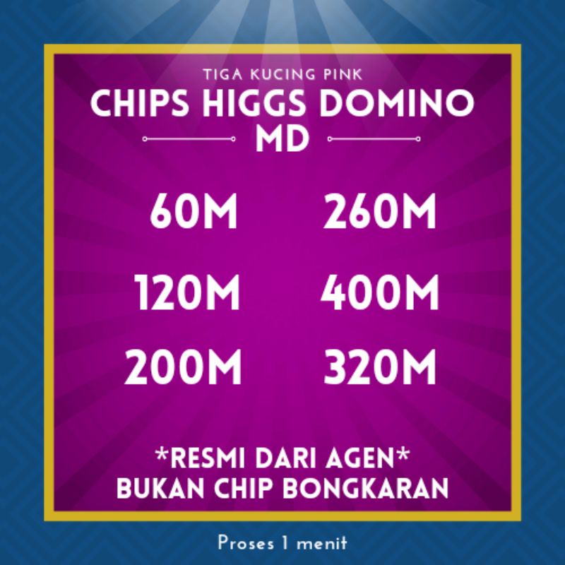 Chip Domino Higgs Ungu/MD 60M, 100M, 120M, 200M, 320M, 400M, 800M Resmi dari Agen ( BUKAN CHIPS BONGKARAN )