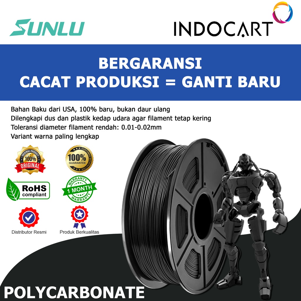 INDOCART Tinta Filamen 3D Printer Filament SUNLU PC Transparant 1kg